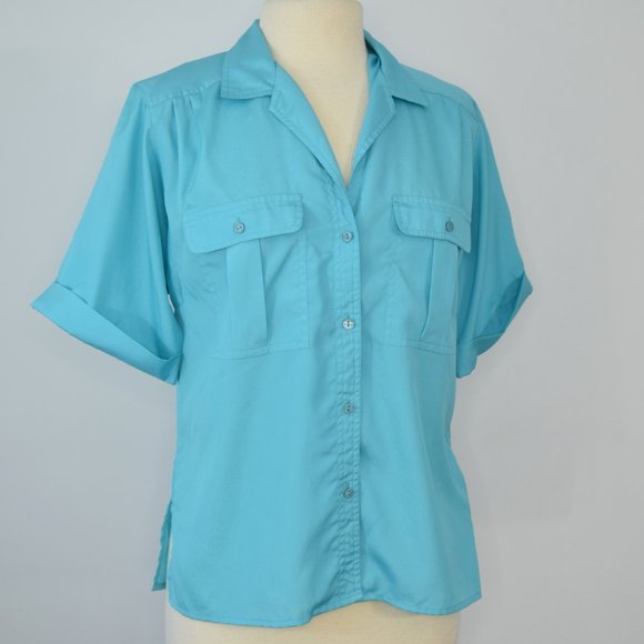 Vintage 90’s Ariella Aqua Blue Lightweight Button Up Short Sleeve Shoulder Pad B - Picture 12 of 12